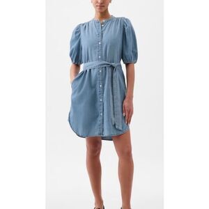 GAP Blue Crew Neck Puff Sleeve Mini Dress